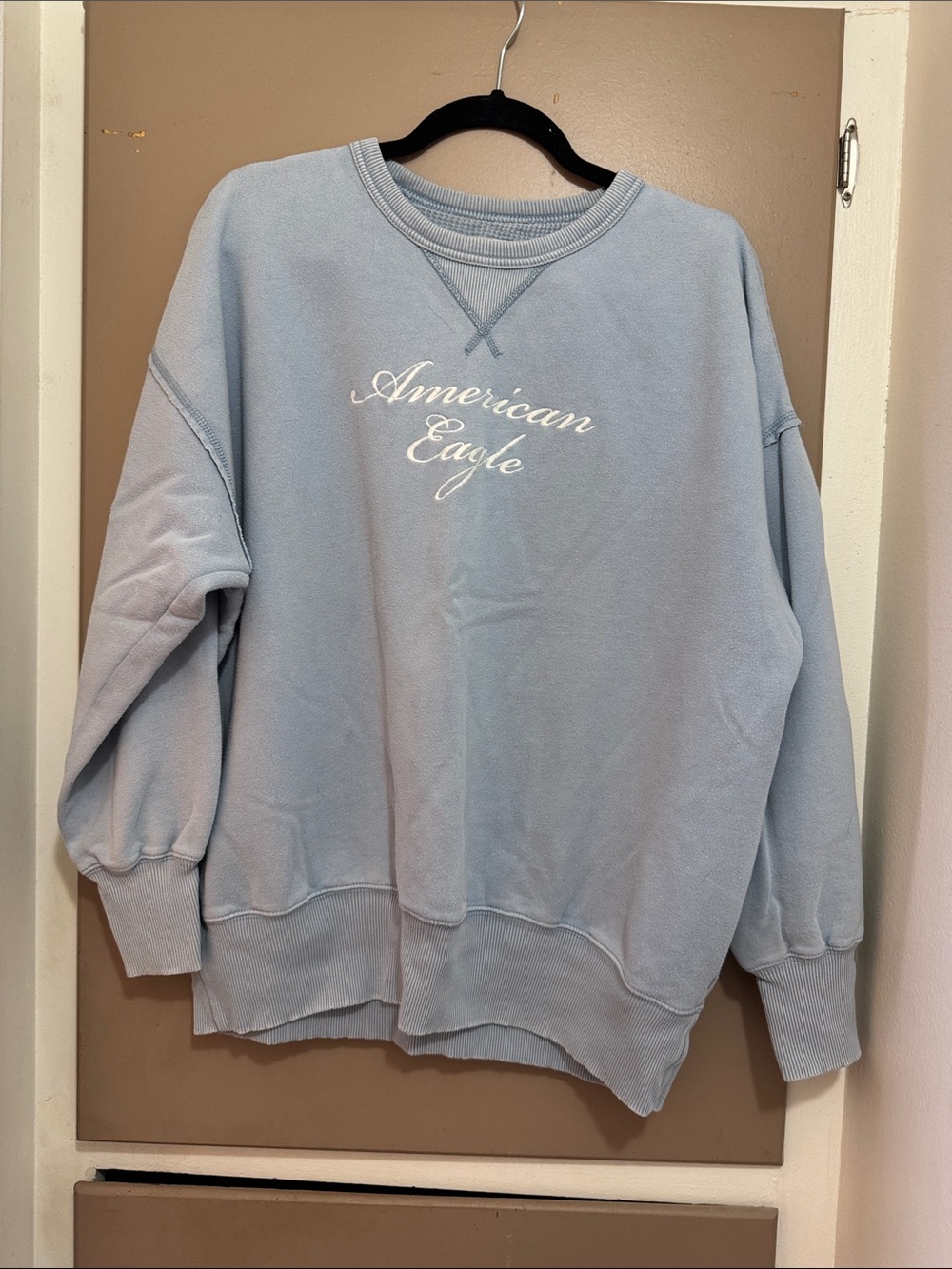 American Eagle Pale Blue Waffle-Knit Crewneck Sweatshirt